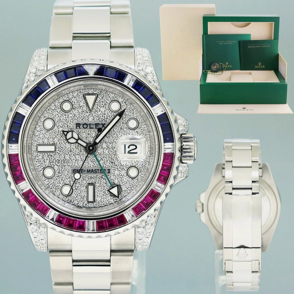 MINT Iced Out Diamond Ruby & Sapphire Rolex GMT Master II Steel Black 40mm